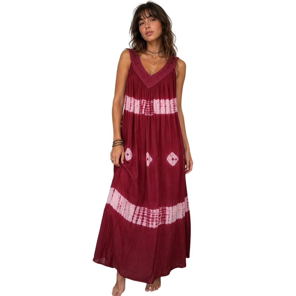 NF Y2K Tie Dye Embroidered Gauze Maxi Dress Boho Festival Hippie Free‎ Size